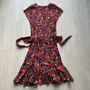 Vintage Carole Little Maxi Dress Size 14 Floral Crinkle Flowy Shoulder Pads